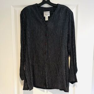 Eileen Fisher Black and White Striped Linen Rayon Button-Up Shirt